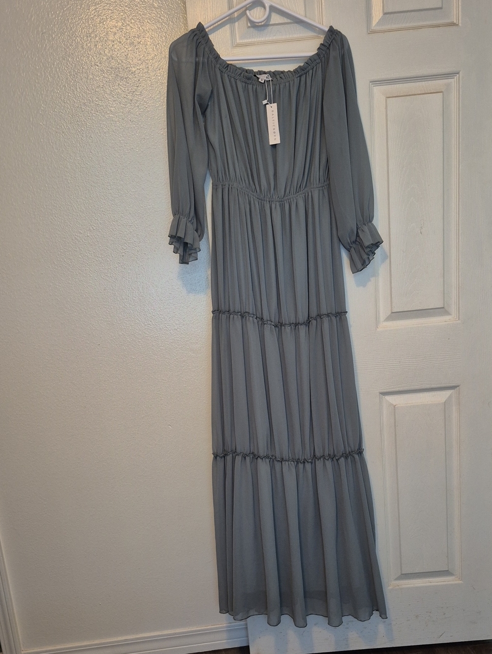 Baltic Born Isabel Sage Green Off-Shoulder Tiered Maxi Dress